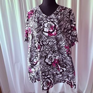Gray's Anatomy Scrub Top White/Black/Pink V-Neck EUC Women's 3XL